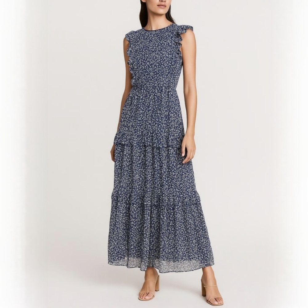 J.Crew Tiered Ruffle Floral Romantic Navy Blue Cottagecore Maxi Dress Sz 12